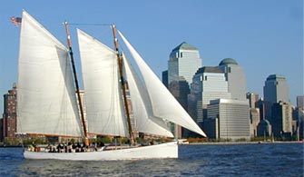 Schooner Adirondack sailing in NY Harbor with the NYC Skyline in the background